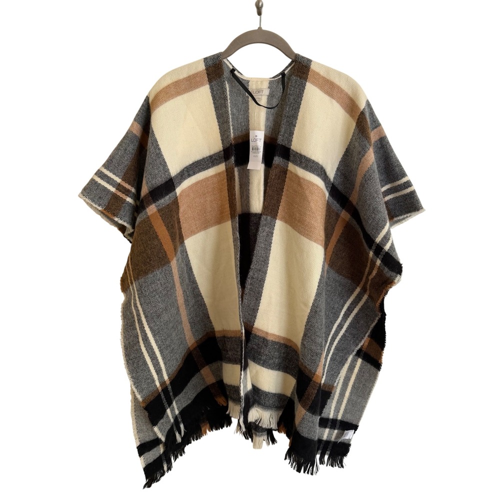 NWT Loft Plaid Poncho Wrap Cream Tan Grey Black Fringe Open Front XS/S New